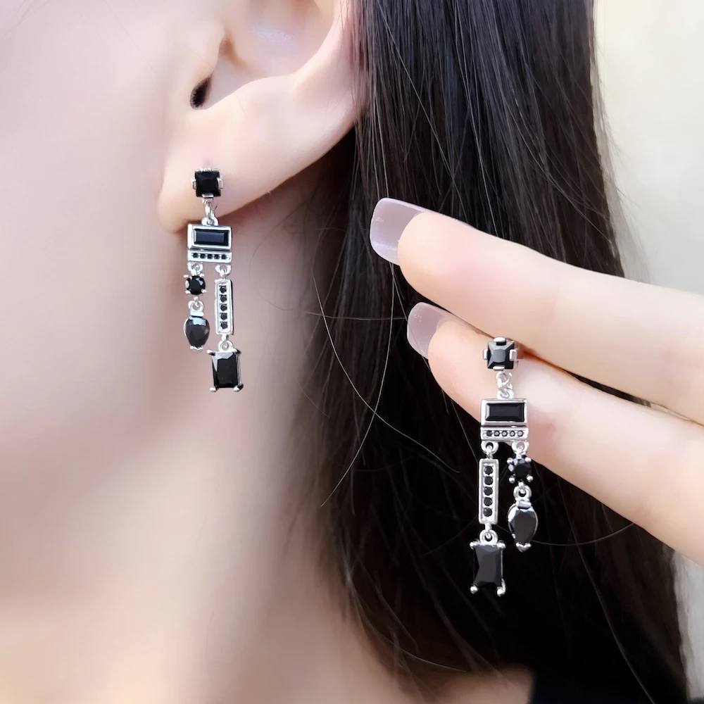 Drop Earrings Black Mix of Shapes Magical Glamorous Jewelry For Women Summer Brand New Sterling Silver 925 Vintage Gift
