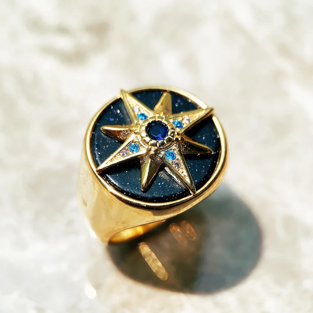 Golden Royalty Star With Stones Ring Europe Fine Jewerly For Women Autumn Lucky Gift In 925 Sterling Silver
