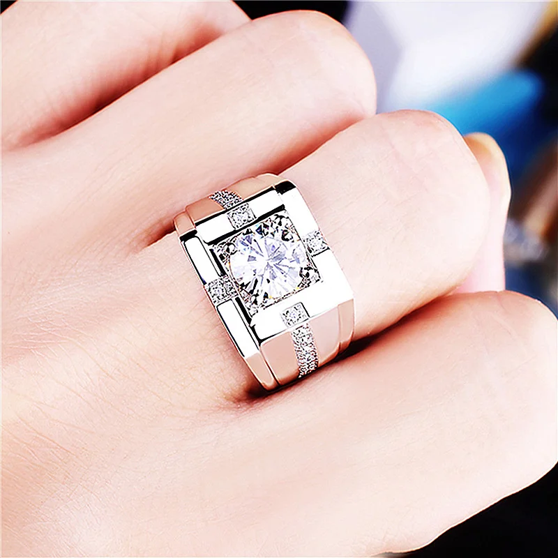 New Arrival Men Ring Adjustable Hot Selling Fashion Crystal Cross Square Pattern Ring S925 Silver For Boyfriend Anniversary Gift