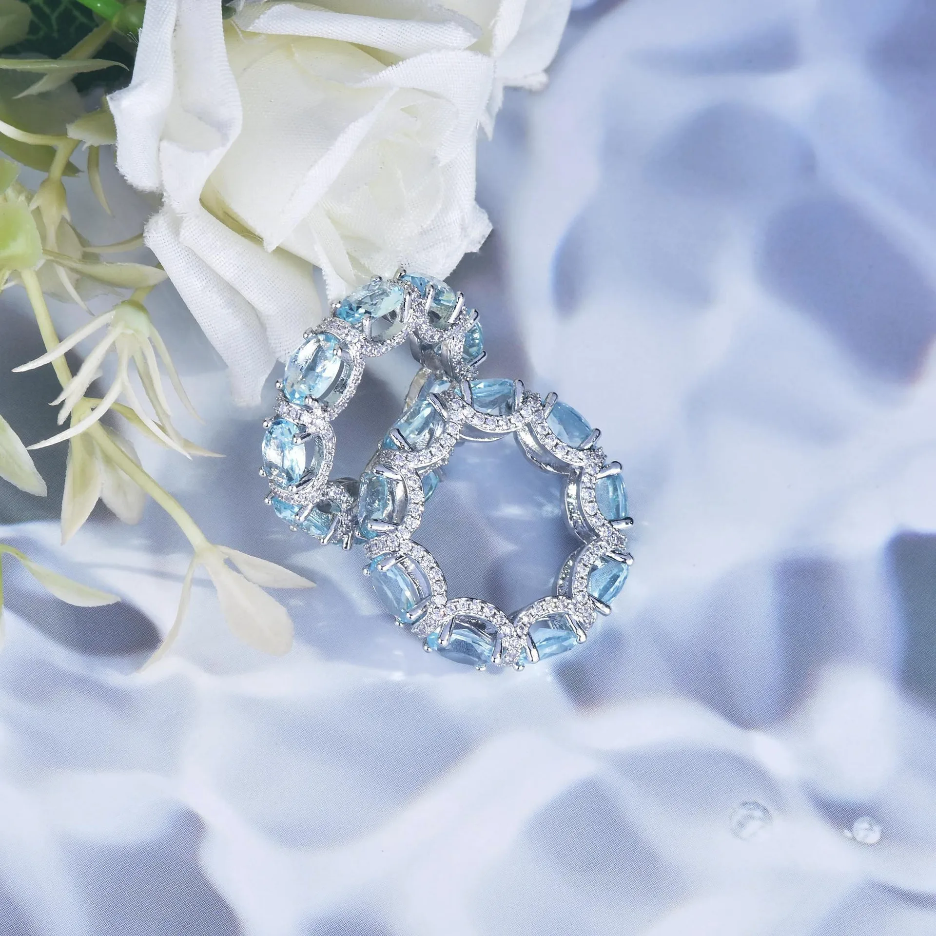 Fashion Jewelry Set for Women Round Aquamarine Bracelet Ring Sets Zircon Bridal Decoration Accessory Banquet Luxury Chain Gifts