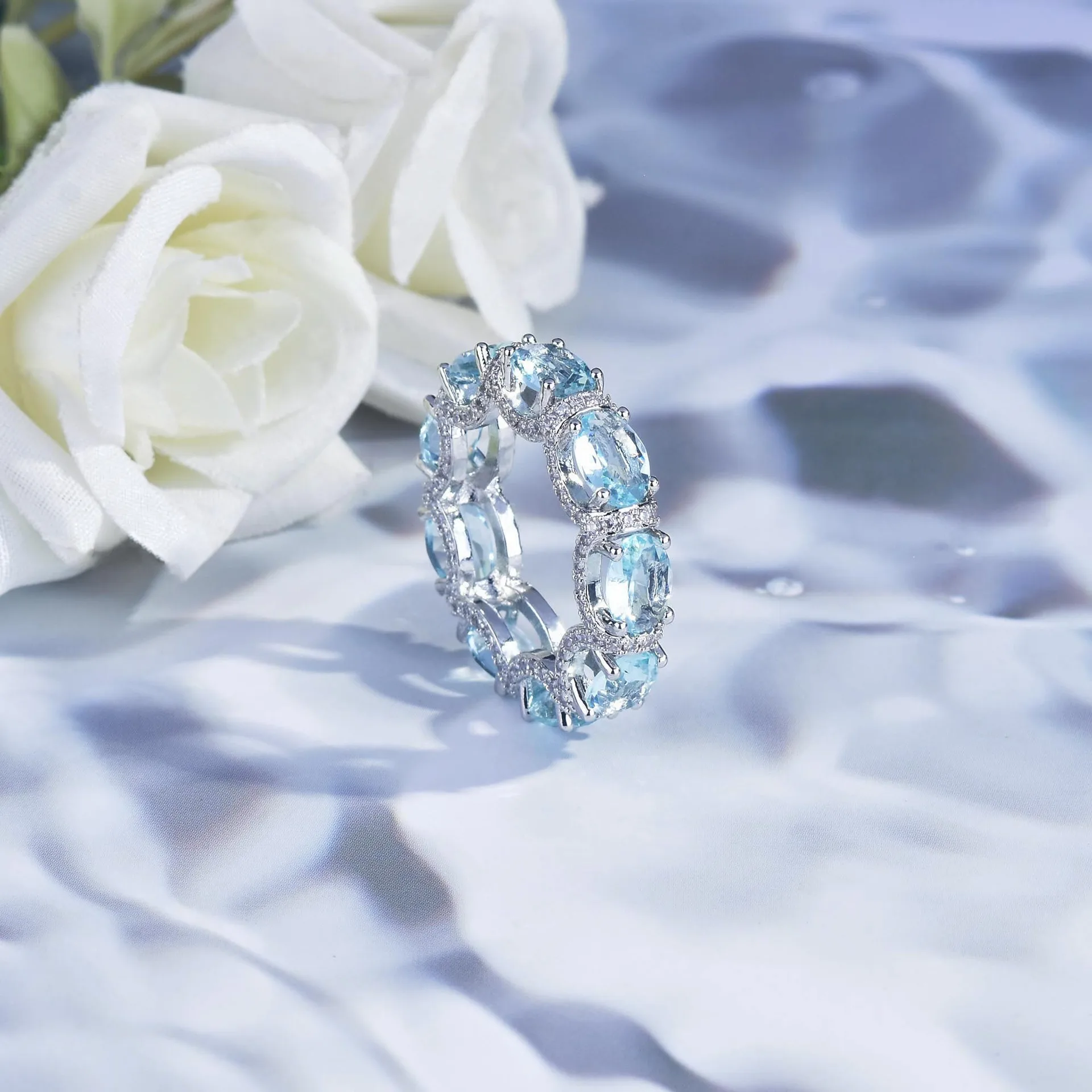 Fashion Jewelry Set for Women Round Aquamarine Bracelet Ring Sets Zircon Bridal Decoration Accessory Banquet Luxury Chain Gifts