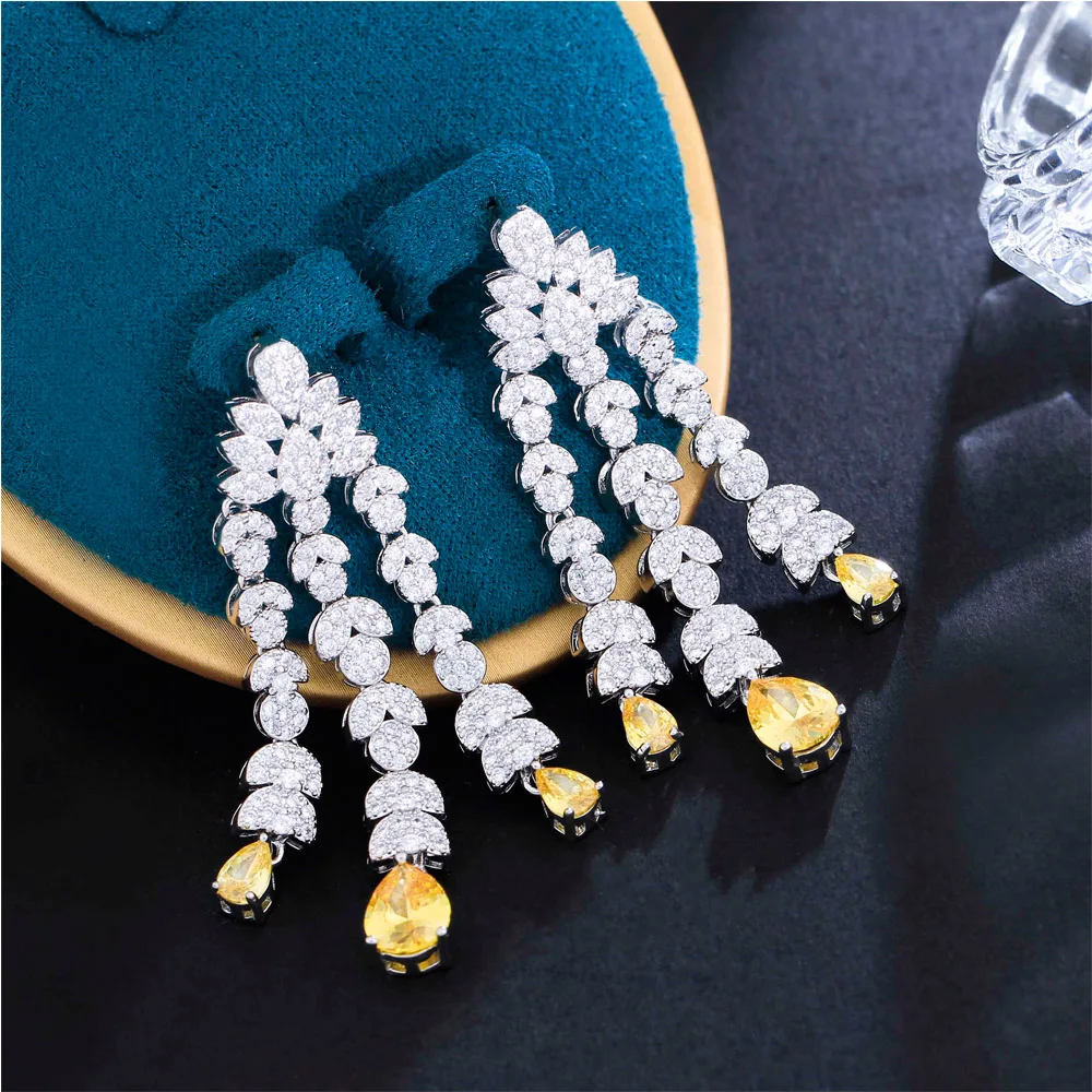 CWWZircons Bling Yellow Water Drop Cubic Zirconia Stone Long Dangle Drop Fringed Chandelier Women Wedding Earrings Brides CZ517