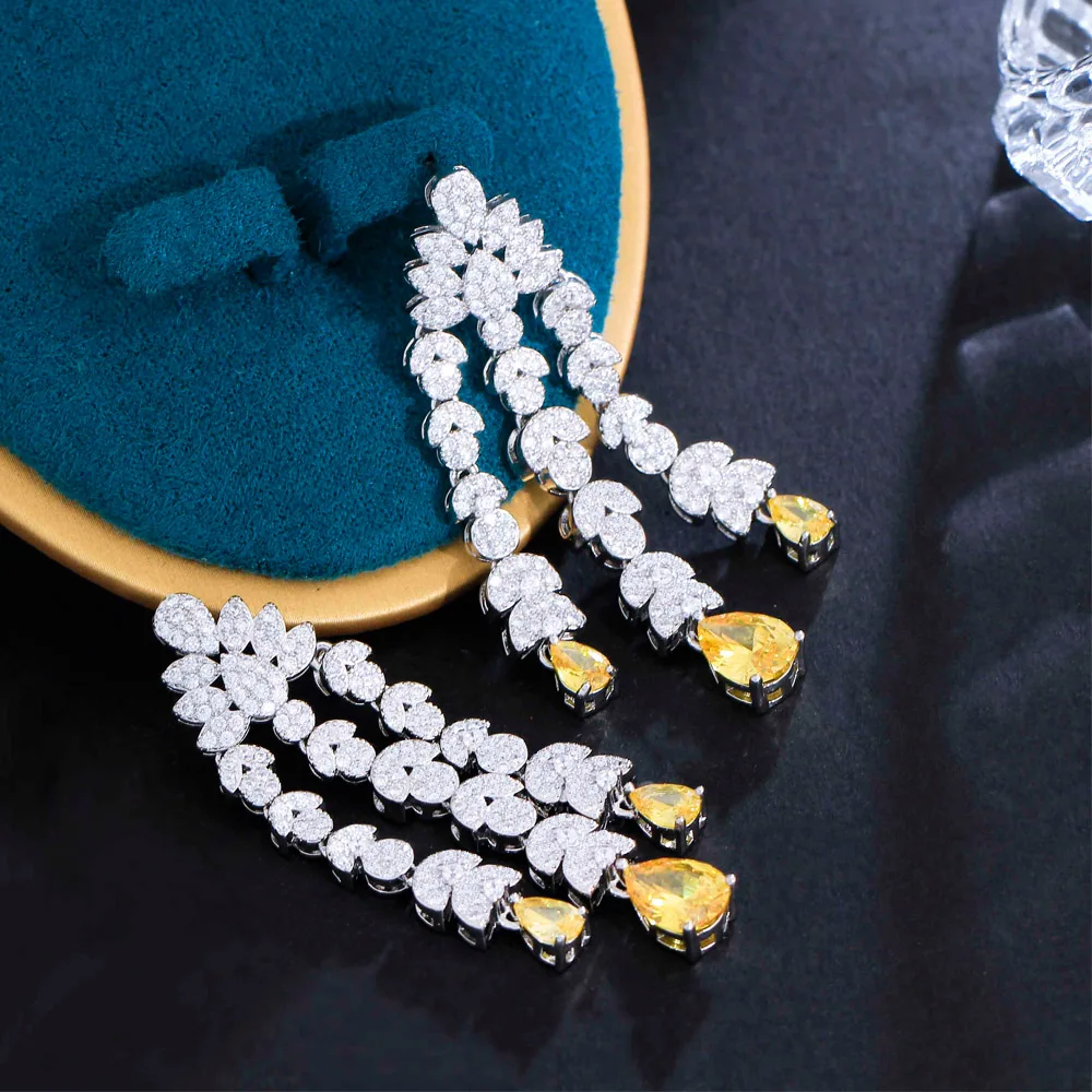 CWWZircons Bling Yellow Water Drop Cubic Zirconia Stone Long Dangle Drop Fringed Chandelier Women Wedding Earrings Brides CZ517