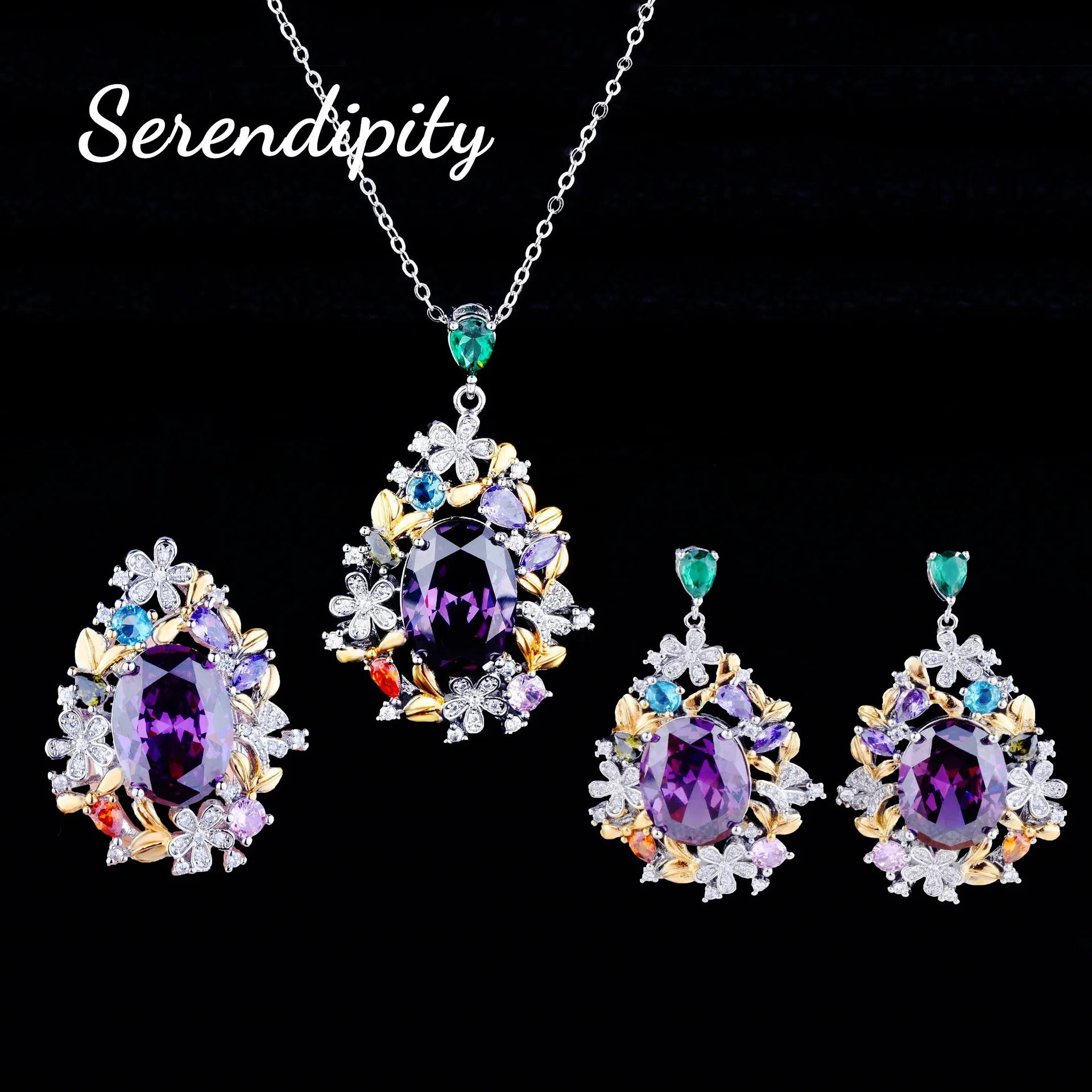 Foydjew Secret Garden Series Jewelry Luxury Flowers Design Jewelry Sets Amethyst Purple Stone Pendant Necklaces Earrings Rings