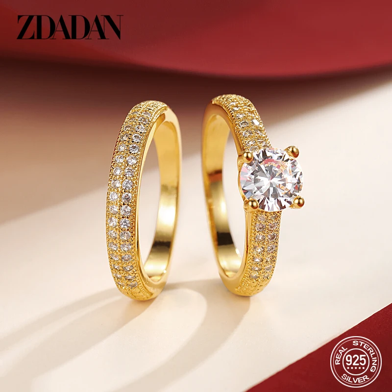 ZDADAN 925 Sterling Silver Double Zircon Rings For Women Fashion Wedding Engagement Jewelry Gift