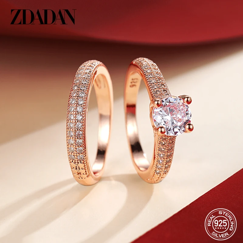 ZDADAN 925 Sterling Silver Double Zircon Rings For Women Fashion Wedding Engagement Jewelry Gift