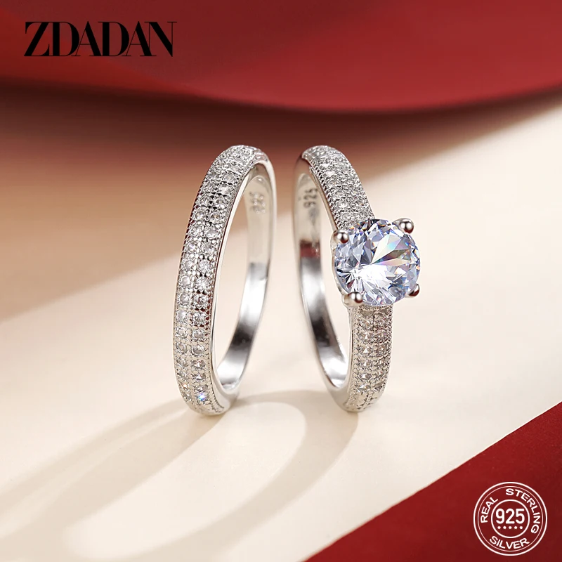 ZDADAN 925 Sterling Silver Double Zircon Rings For Women Fashion Wedding Engagement Jewelry Gift