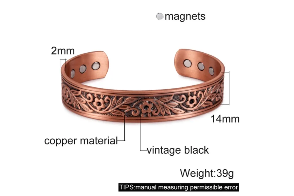 Vinterly Magnetic Copper Bracelets Men 14mm Wide Health Energy High Magnet Vintage Flower Adjustable Cuff Bangles Resizable