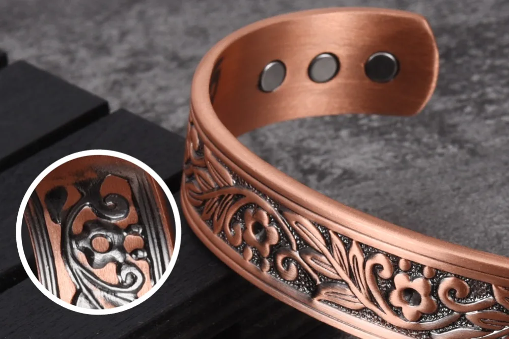 Vinterly Magnetic Copper Bracelets Men 14mm Wide Health Energy High Magnet Vintage Flower Adjustable Cuff Bangles Resizable