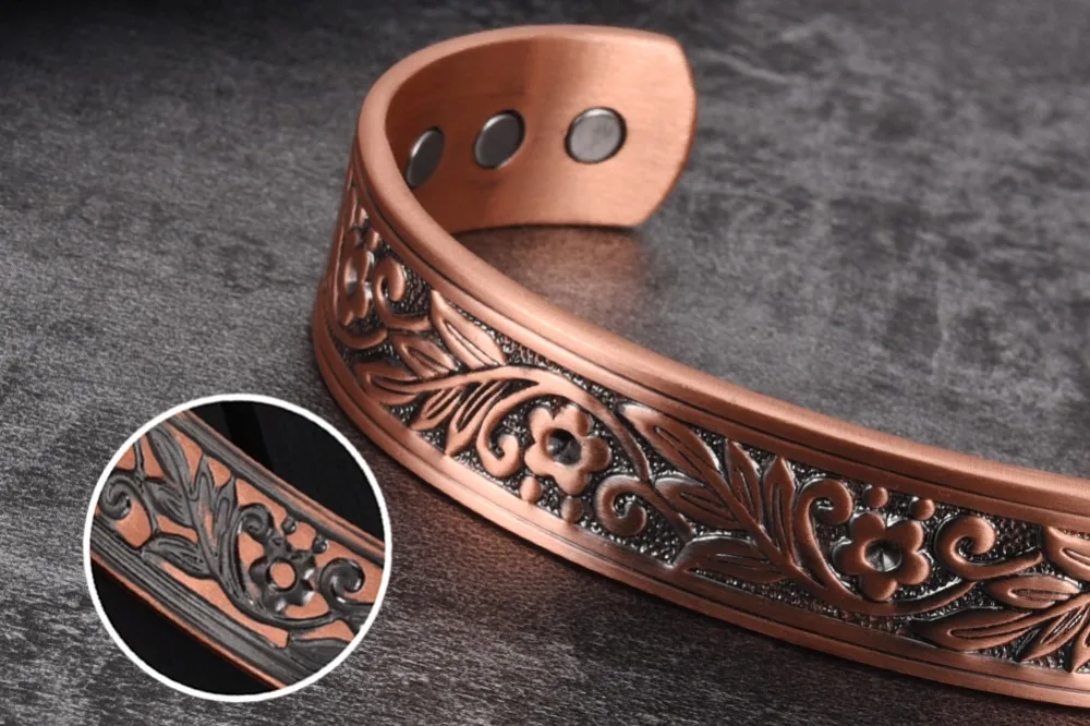 Vinterly Magnetic Copper Bracelets Men 14mm Wide Health Energy High Magnet Vintage Flower Adjustable Cuff Bangles Resizable