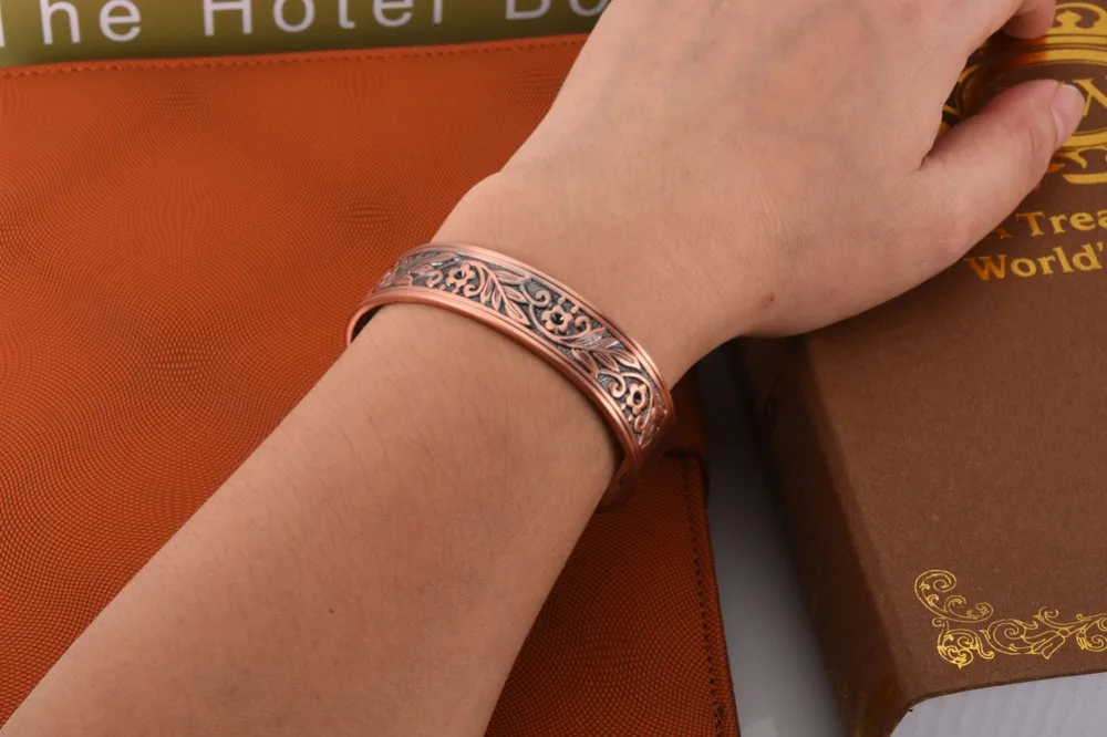 Vinterly Magnetic Copper Bracelets Men 14mm Wide Health Energy High Magnet Vintage Flower Adjustable Cuff Bangles Resizable