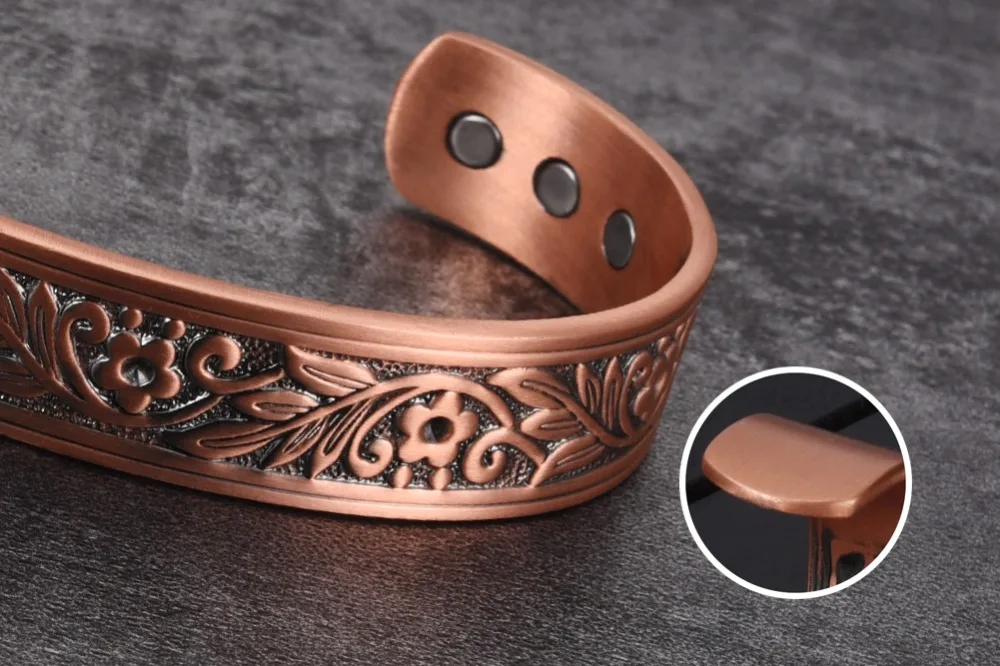 Vinterly Magnetic Copper Bracelets Men 14mm Wide Health Energy High Magnet Vintage Flower Adjustable Cuff Bangles Resizable