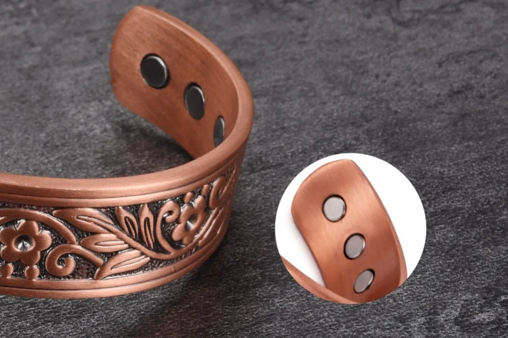 Vinterly Magnetic Copper Bracelets Men 14mm Wide Health Energy High Magnet Vintage Flower Adjustable Cuff Bangles Resizable