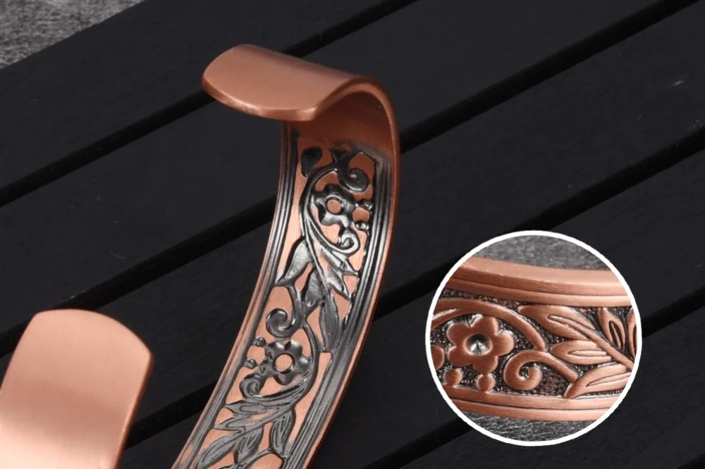 Vinterly Magnetic Copper Bracelets Men 14mm Wide Health Energy High Magnet Vintage Flower Adjustable Cuff Bangles Resizable