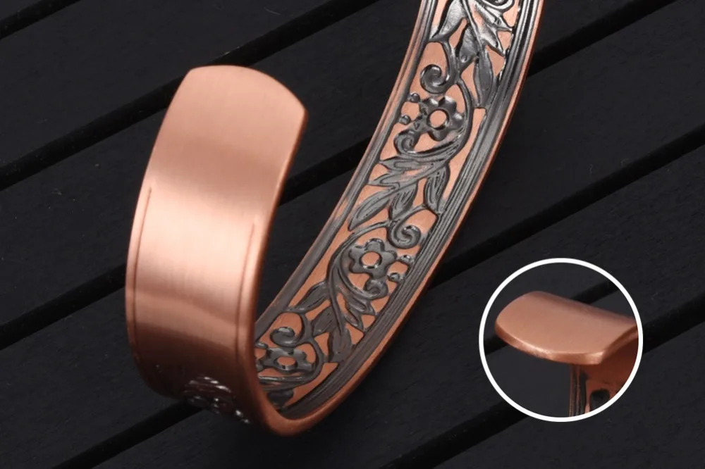 Vinterly Magnetic Copper Bracelets Men 14mm Wide Health Energy High Magnet Vintage Flower Adjustable Cuff Bangles Resizable