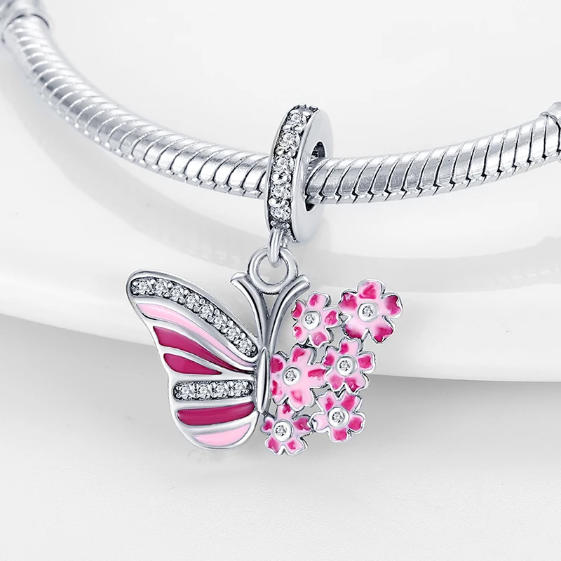 Fit pand 3mm Bracelet Original 925 Sterling Silver Pink Cat Paw Series Beads Tulip Flower Charm Diy Ms Jewelry Gift