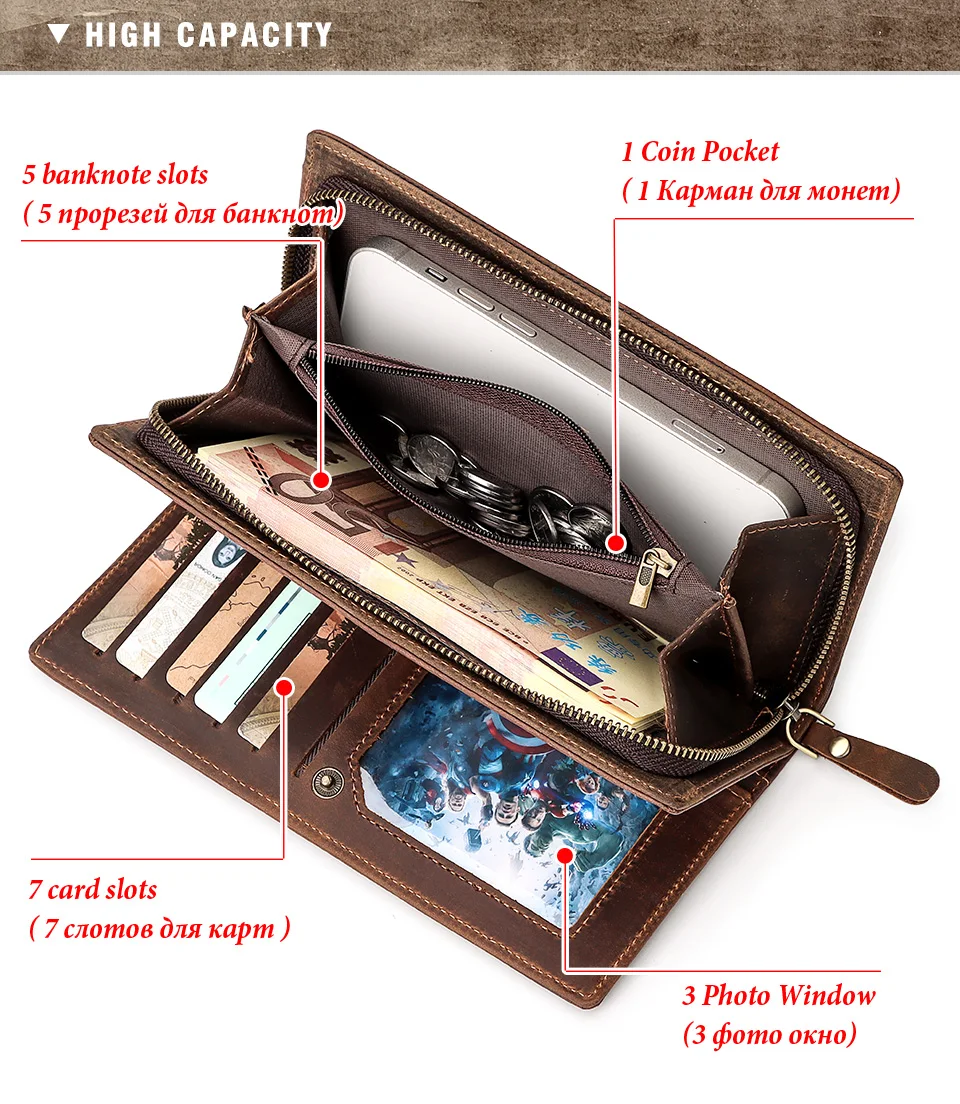 HUMERPAUL Men Wallets Genuine Leather Male Long Clutch with Phone Pocket RFID Blocking Cards Holder Large Capacity Storage Bags