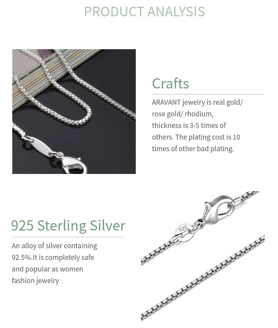 Aravant 925 Silver 2MM Box Chain Necklace Women Wedding Party Jewelry