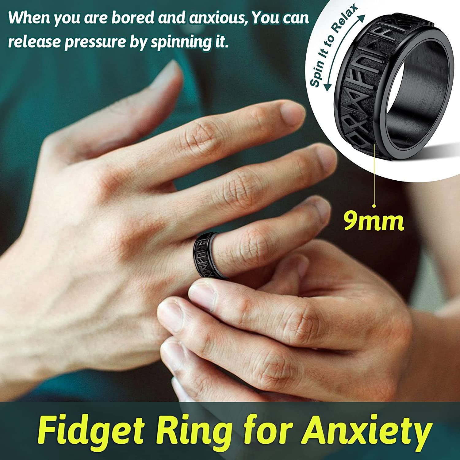 Chainspro Choice Men Rings Norse Viking Runes Spinner Ring Stainless Steel Rotatable Rings Anxiety Release Anti-Stress Ring