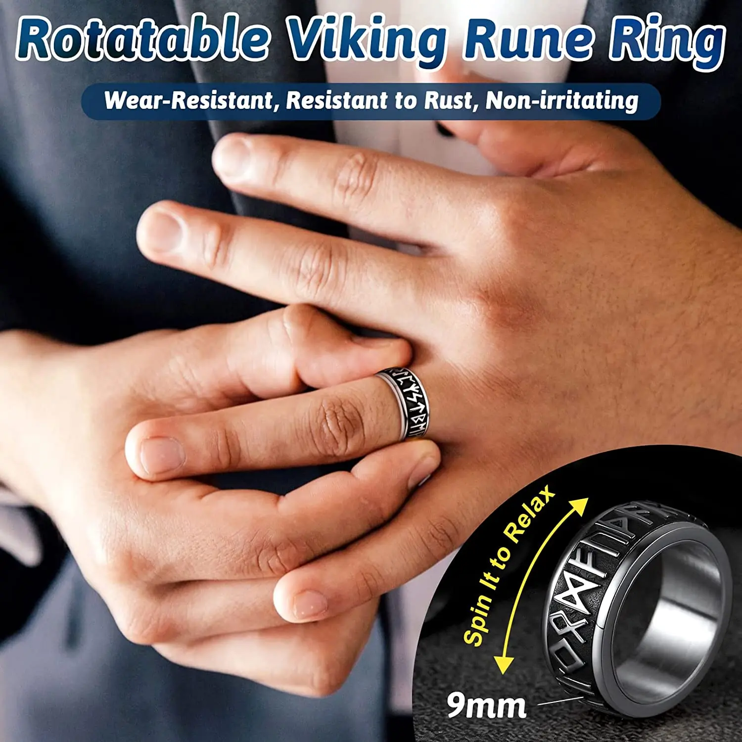 Chainspro Choice Men Rings Norse Viking Runes Spinner Ring Stainless Steel Rotatable Rings Anxiety Release Anti-Stress Ring