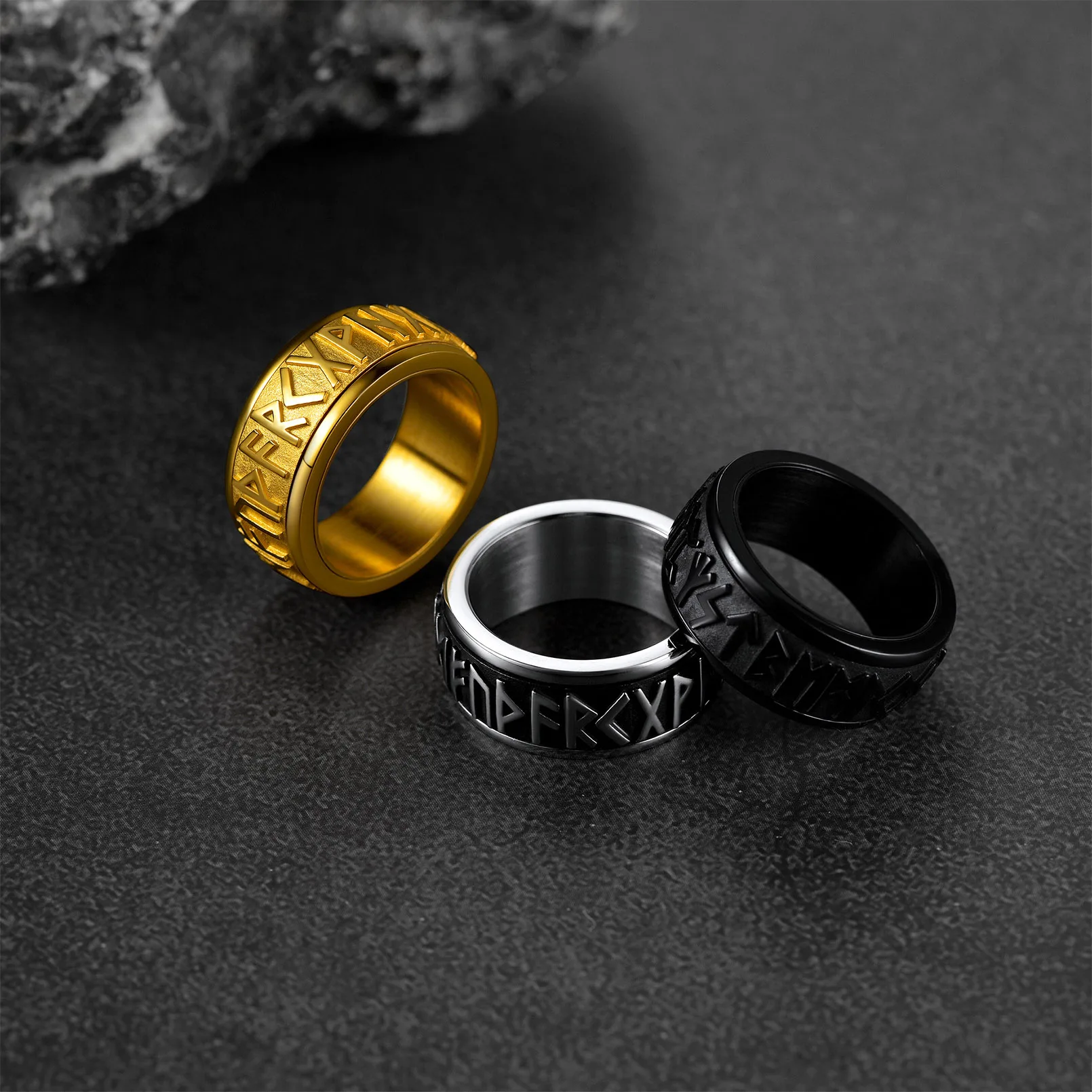 Chainspro Choice Men Rings Norse Viking Runes Spinner Ring Stainless Steel Rotatable Rings Anxiety Release Anti-Stress Ring