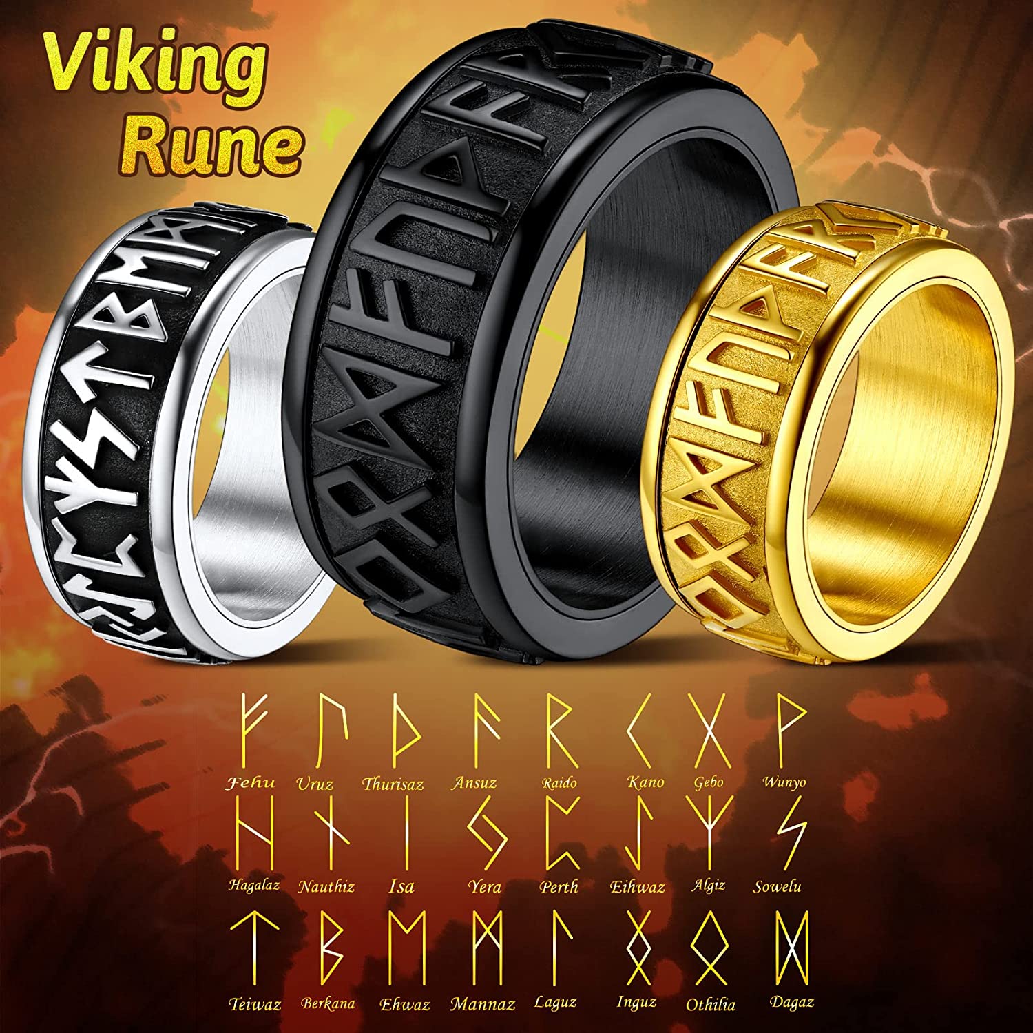 Chainspro Choice Men Rings Norse Viking Runes Spinner Ring Stainless Steel Rotatable Rings Anxiety Release Anti-Stress Ring