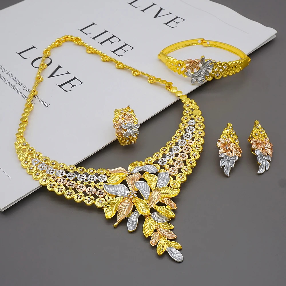Dubai Gold Color Jewelry Sets African Indian Wedding Bridal Wife Gifts Necklace Bracelet Earrings Ring Jewelry for Women 2022