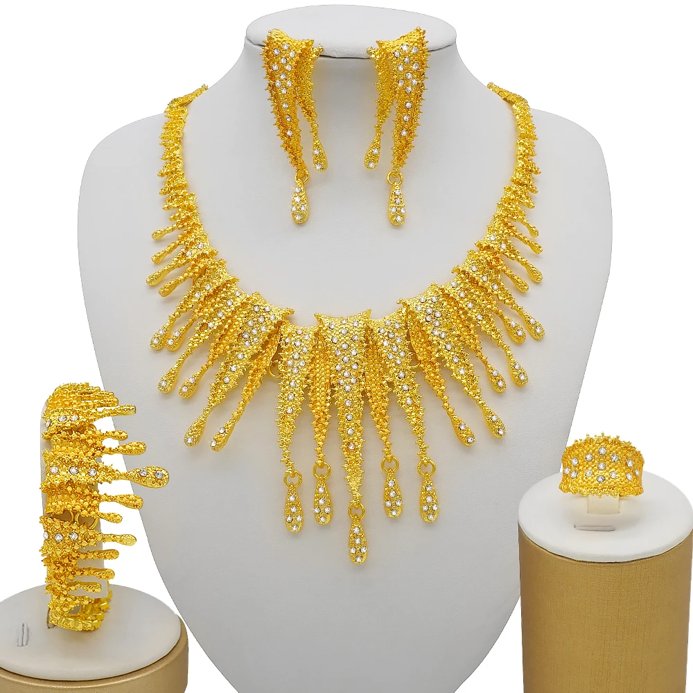 Dubai Gold Color Jewelry Sets African Indian Wedding Bridal Wife Gifts Necklace Bracelet Earrings Ring Jewelry for Women 2022