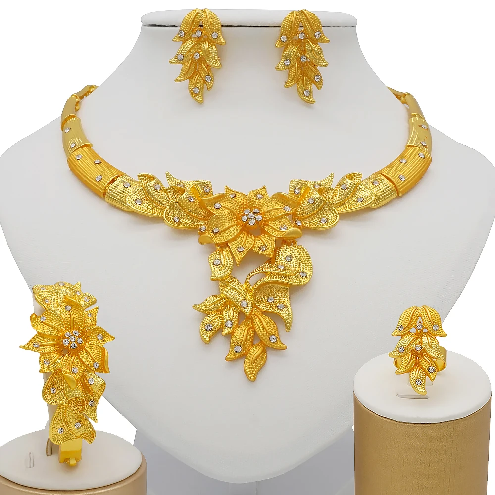Dubai Gold Color Jewelry Sets African Indian Wedding Bridal Wife Gifts Necklace Bracelet Earrings Ring Jewelry for Women 2022