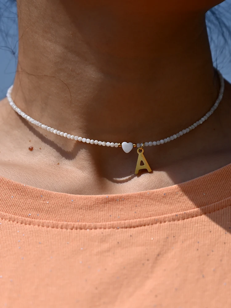Stainless Steel Initial Heart Necklace for Women Natural Beads Letter Choker Fashion Jewelry Boho Streetwear Collier Femme