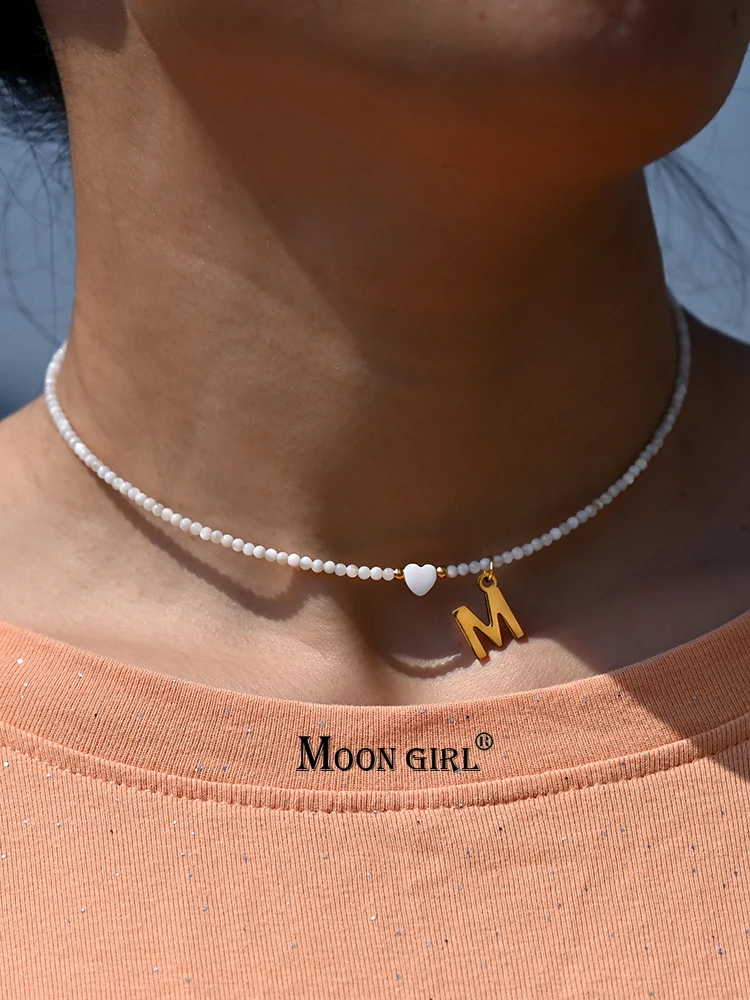 Stainless Steel Initial Heart Necklace for Women Natural Beads Letter Choker Fashion Jewelry Boho Streetwear Collier Femme