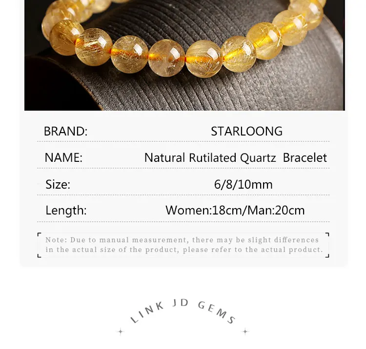 RUILONG Fashion Natural Rutilated Quartz Stone Bracelet 6/8/10MM Round Beads Jewelry Sweet Color Charm Bracelet Wristband Gift