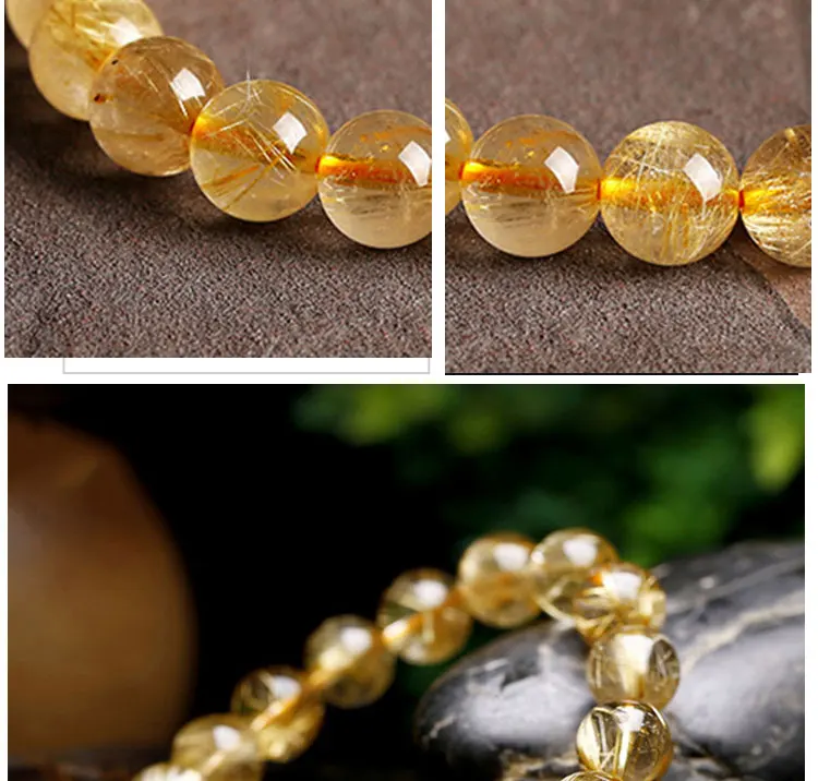 RUILONG Fashion Natural Rutilated Quartz Stone Bracelet 6/8/10MM Round Beads Jewelry Sweet Color Charm Bracelet Wristband Gift