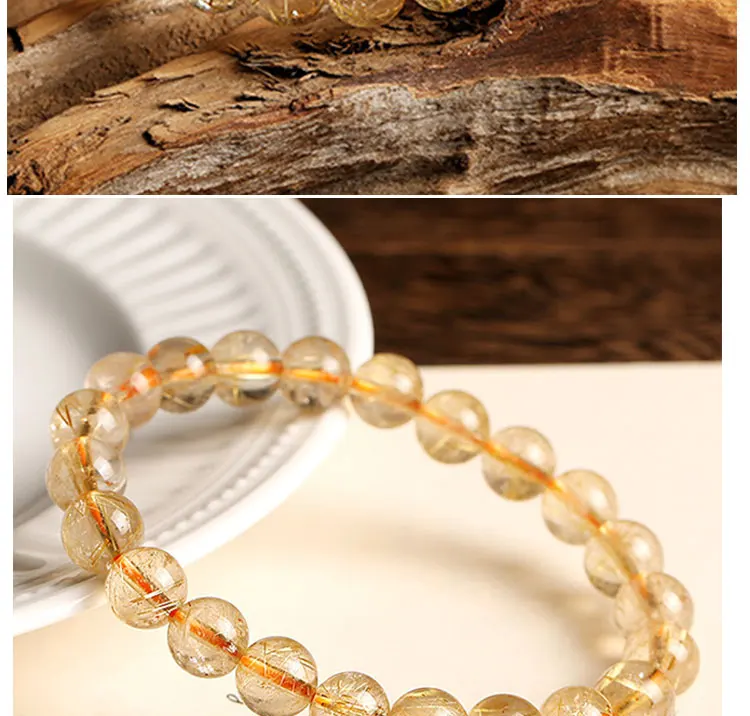 RUILONG Fashion Natural Rutilated Quartz Stone Bracelet 6/8/10MM Round Beads Jewelry Sweet Color Charm Bracelet Wristband Gift