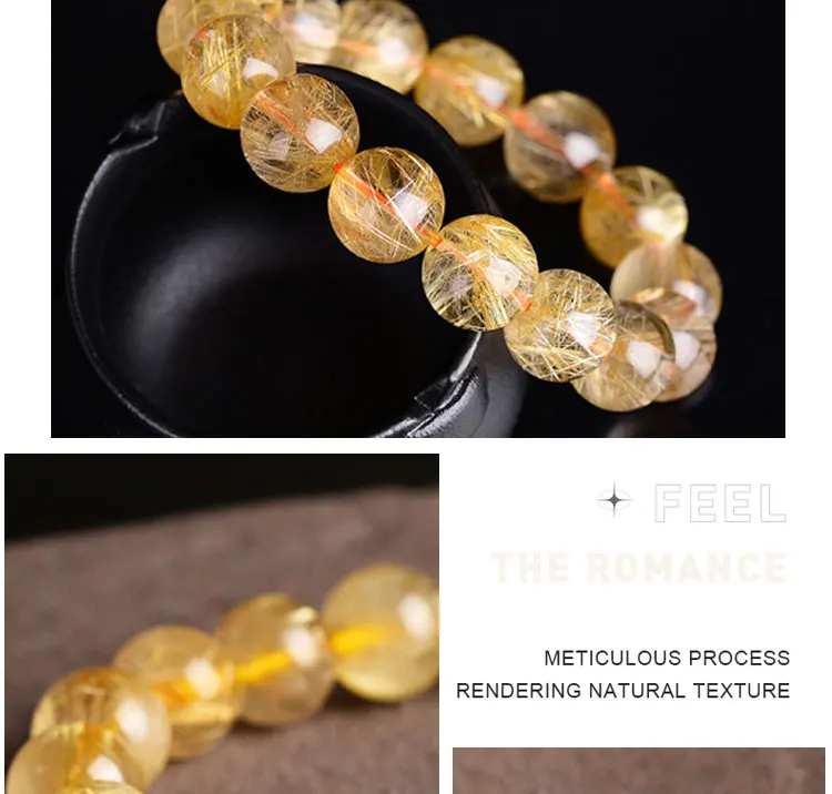 RUILONG Fashion Natural Rutilated Quartz Stone Bracelet 6/8/10MM Round Beads Jewelry Sweet Color Charm Bracelet Wristband Gift