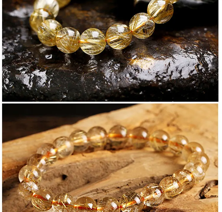 RUILONG Fashion Natural Rutilated Quartz Stone Bracelet 6/8/10MM Round Beads Jewelry Sweet Color Charm Bracelet Wristband Gift