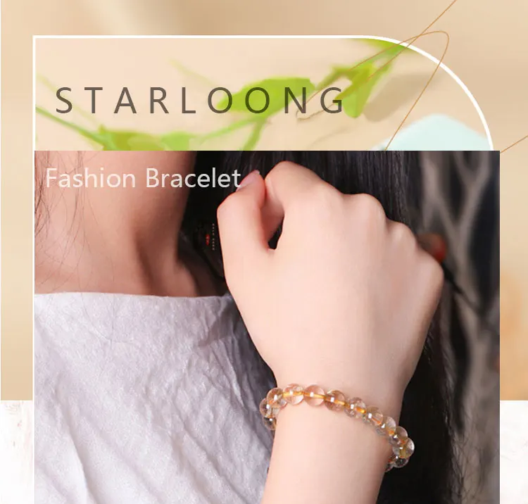 RUILONG Fashion Natural Rutilated Quartz Stone Bracelet 6/8/10MM Round Beads Jewelry Sweet Color Charm Bracelet Wristband Gift
