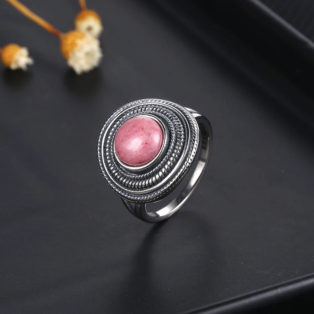 Natural Rhodochrosite Rings Women's S925 Silver Jewelry Ring Gifts Vintage Fine Wedding Ring