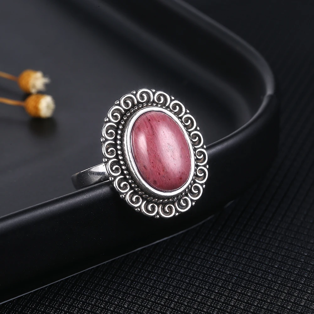 Natural Rhodochrosite Rings Women's S925 Silver Jewelry Ring Gifts Vintage Fine Wedding Ring