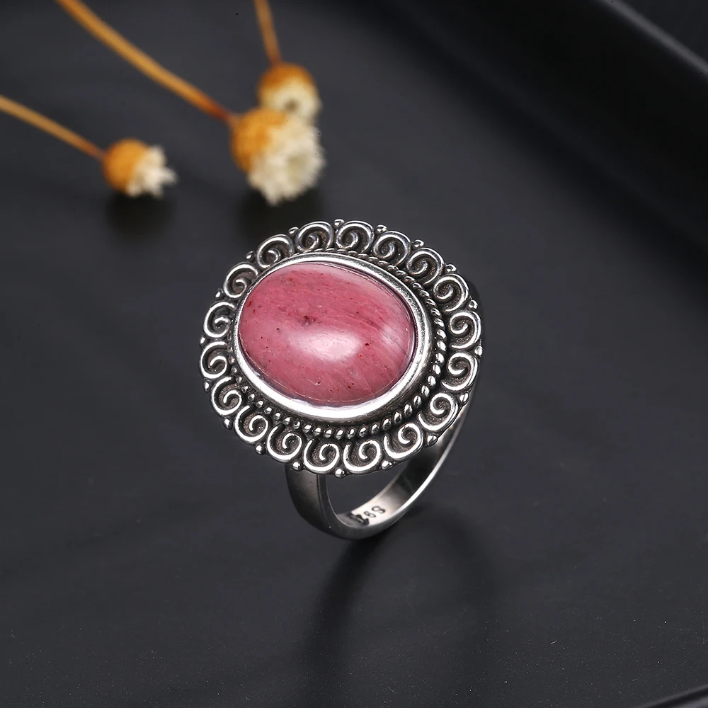 Natural Rhodochrosite Rings Women's S925 Silver Jewelry Ring Gifts Vintage Fine Wedding Ring