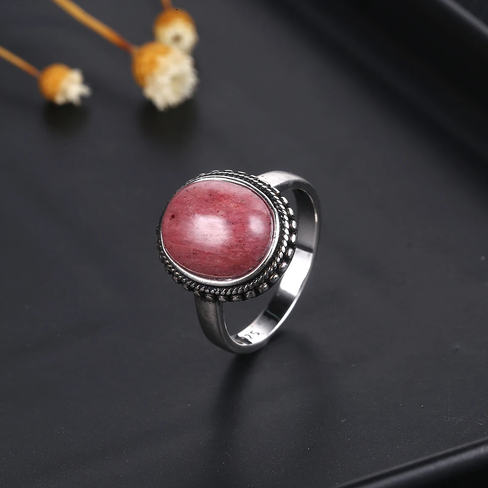 Natural Rhodochrosite Rings Women's S925 Silver Jewelry Ring Gifts Vintage Fine Wedding Ring