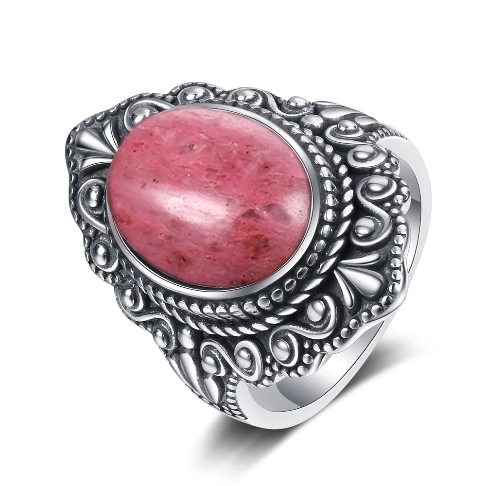 Natural Rhodochrosite Rings Women's S925 Silver Jewelry Ring Gifts Vintage Fine Wedding Ring