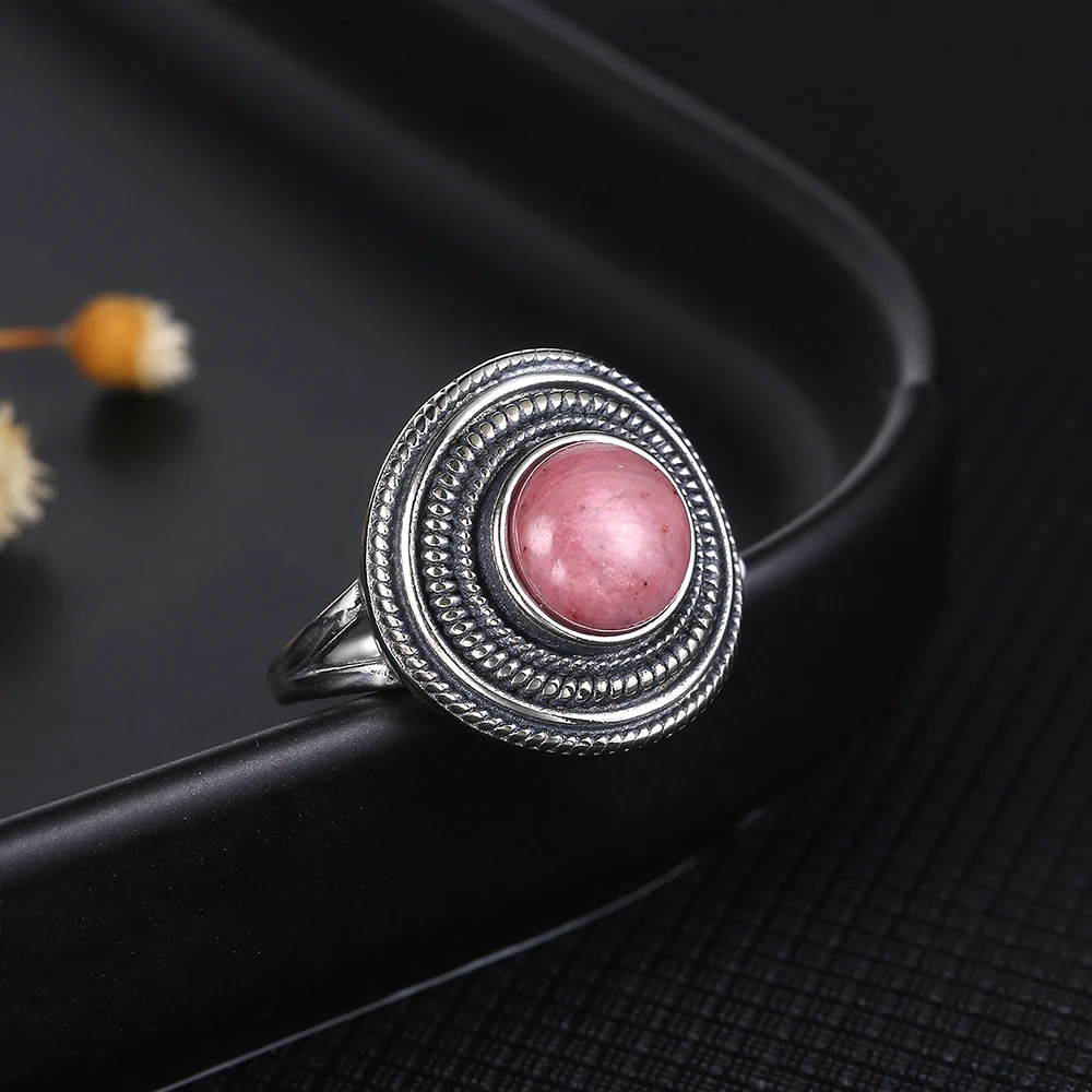 Natural Rhodochrosite Rings Women's S925 Silver Jewelry Ring Gifts Vintage Fine Wedding Ring