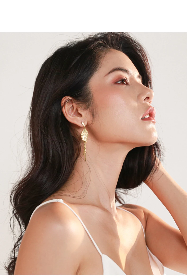 Luxury 14K Real Gold Plated Leaves Tassel Stud Earrings for Women 2022 Trending Cubic Zircon Wedding Jewelry free shipping