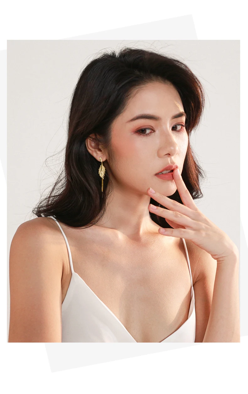 Luxury 14K Real Gold Plated Leaves Tassel Stud Earrings for Women 2022 Trending Cubic Zircon Wedding Jewelry free shipping