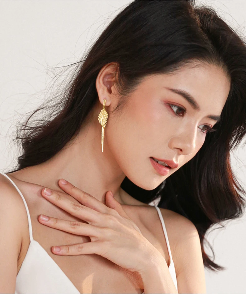 Luxury 14K Real Gold Plated Leaves Tassel Stud Earrings for Women 2022 Trending Cubic Zircon Wedding Jewelry free shipping