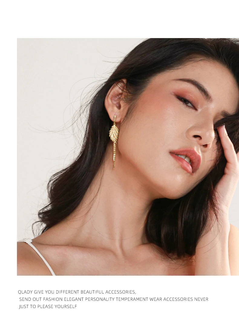 Luxury 14K Real Gold Plated Leaves Tassel Stud Earrings for Women 2022 Trending Cubic Zircon Wedding Jewelry free shipping