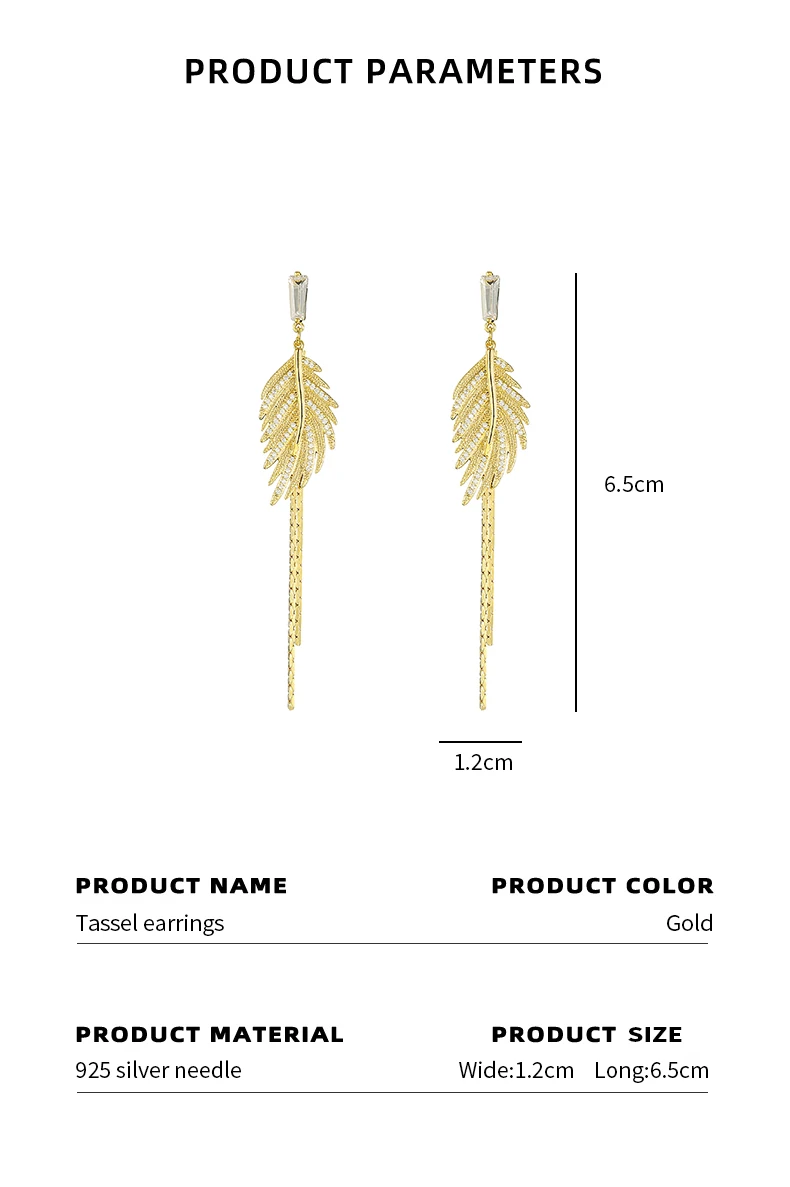 Luxury 14K Real Gold Plated Leaves Tassel Stud Earrings for Women 2022 Trending Cubic Zircon Wedding Jewelry free shipping