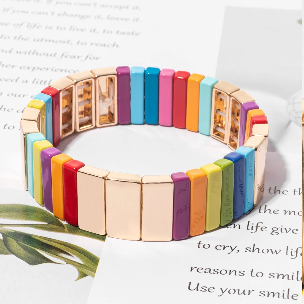 Wholesale Enamel Bracelets Set Gold Color Bangle For Women Colorful Beads Elastic Bracelets Handmade Beads Jewelry