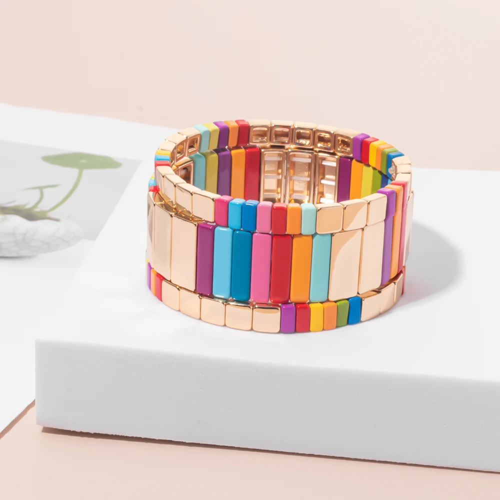 Wholesale Enamel Bracelets Set Gold Color Bangle For Women Colorful Beads Elastic Bracelets Handmade Beads Jewelry